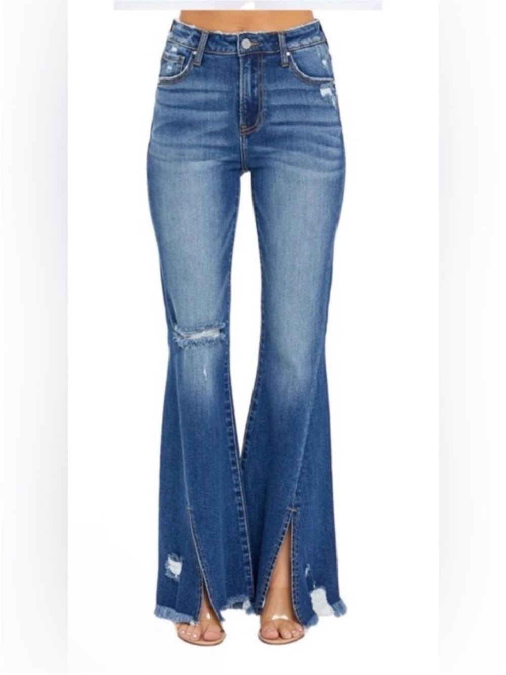 RISEN NWT 24 High-Rise Distressed Split-Hem Flared Stretch denim Jeans